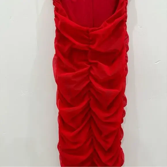 Michael Costello Red Ruched Bodycon Midi Dress with Crisscross Back - Picture 10 of 11